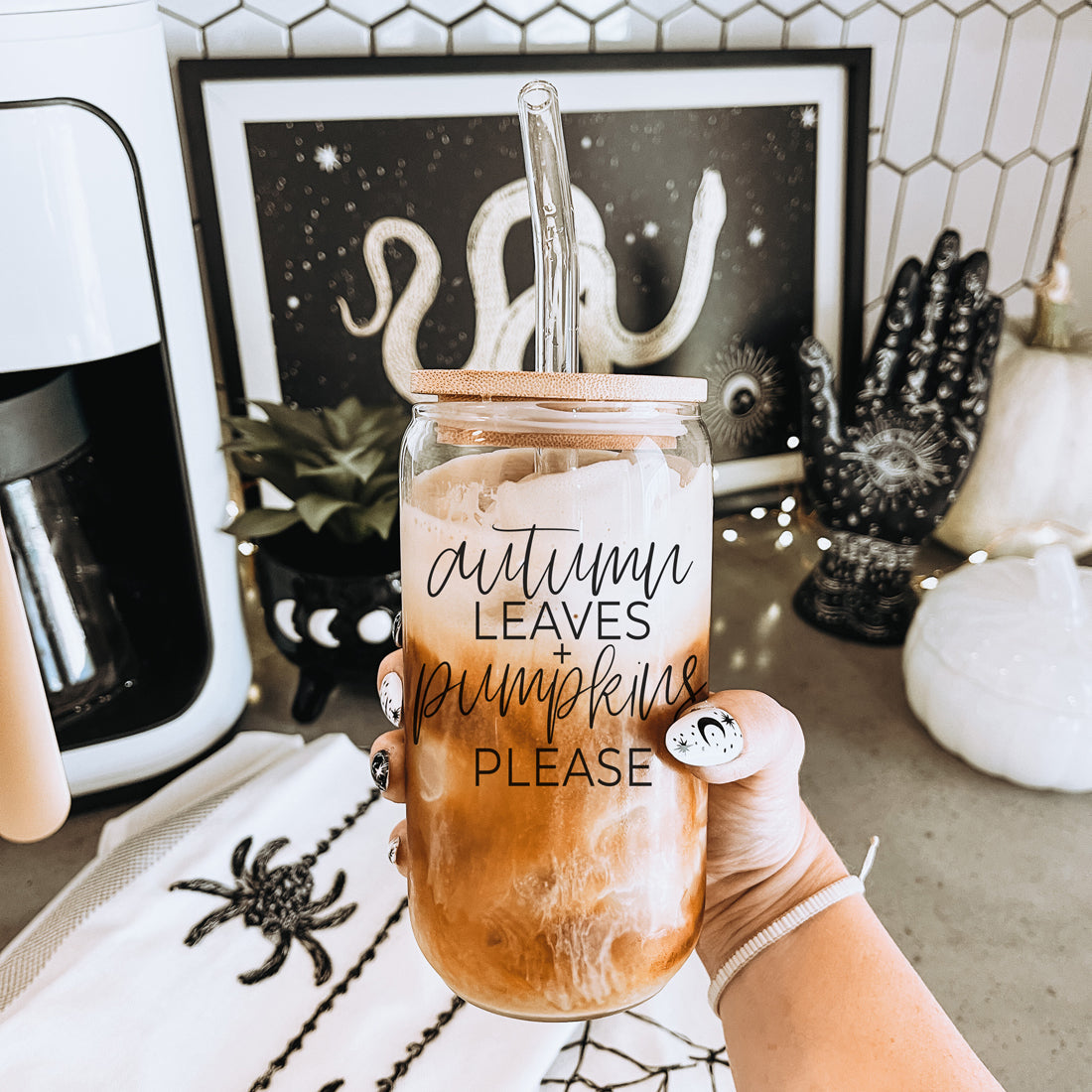fall season coffee tumbler gift
cozy autumn glass tumbler set
pumpkin themed drink container